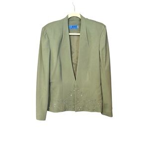 Jacket Blazer Collarless Jade by Jasmine Mint Green Fabric Beading Lined Size 12